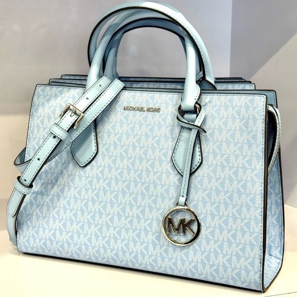 Michael Kors Sheila Medium Signature Logo Satchel Bag Light Sky Blue - Picture 1 of 11